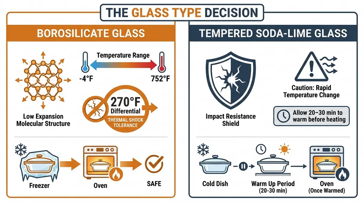 Diagram comparing borosilicate and tempered soda-lime glass bakeware thermal shock tolerance for casseroles