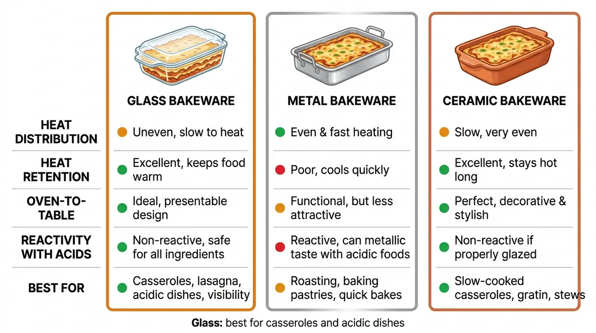 Infographic comparing pros and cons of glass, metal, and ceramic casserole dishes for home cooks