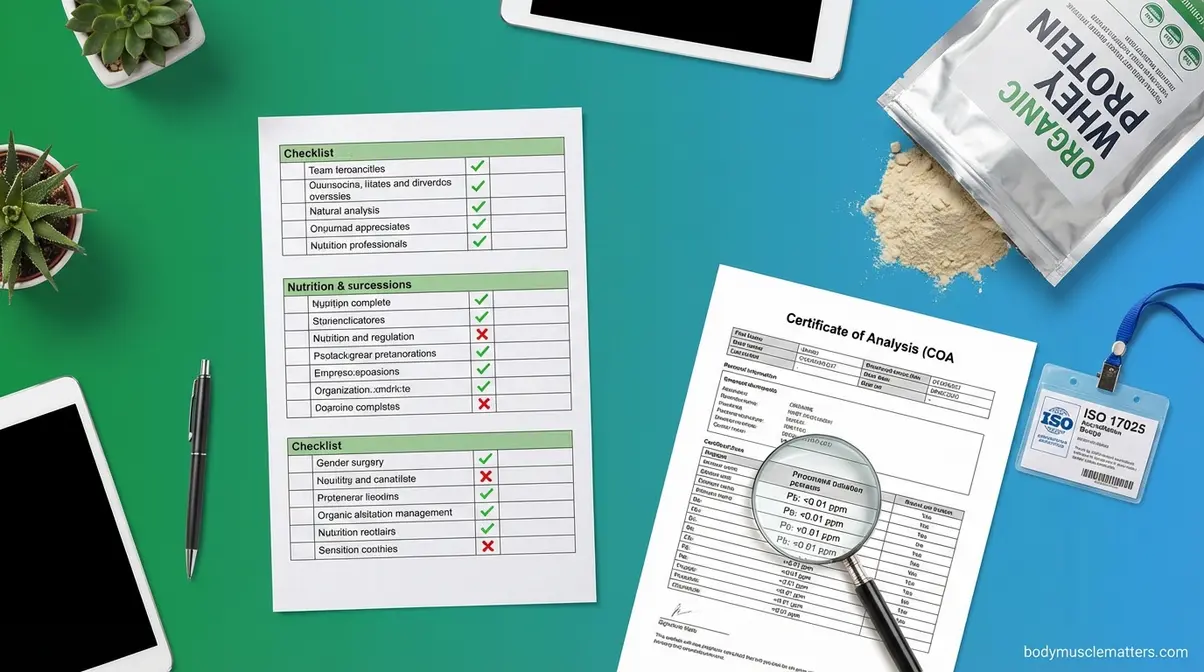 Overhead desk view showing grass-fed whey protein clean label verification checklist with Certificate of Analysis and ISO badge