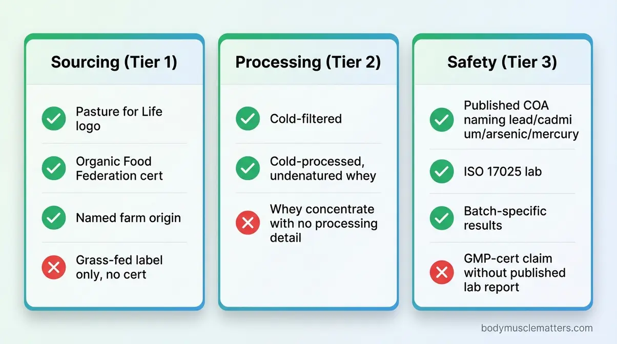 Safety checklist infographic for evaluating grass fed whey protein powder UK brands across sourcing, processing and testing criteria