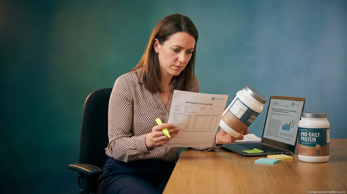 UK registered dietitian reviewing protein powder Certificate of Analysis and heavy metal test results at desk