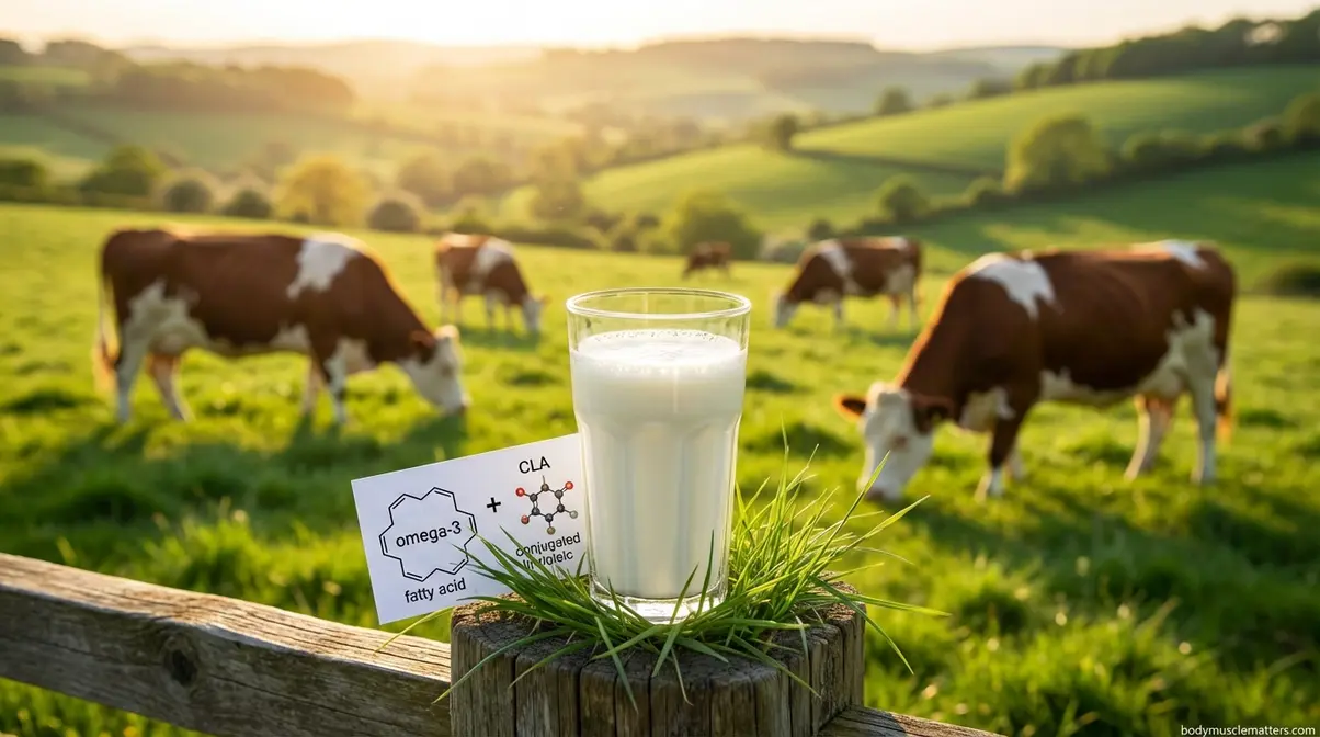 Grass-fed cows on UK pasture with omega-3 and CLA symbols showing nutritional benefits of grass-fed whey protein