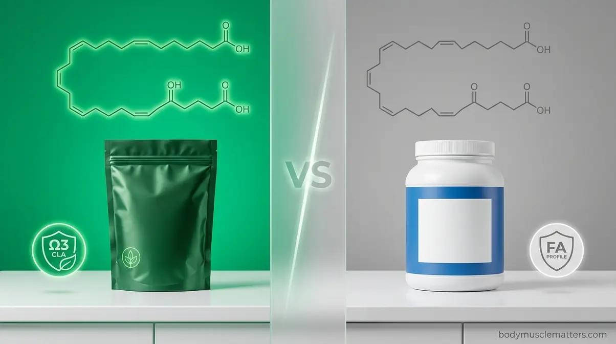 Grass-fed versus conventional whey protein nutritional comparison showing omega-3 and CLA fatty acid differences