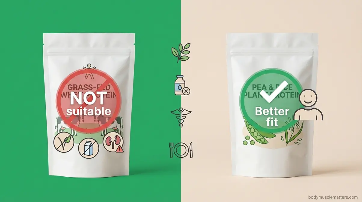 Grass-fed whey protein versus plant-based alternatives showing when each is appropriate for vegans, dairy allergy, and kidney conditions