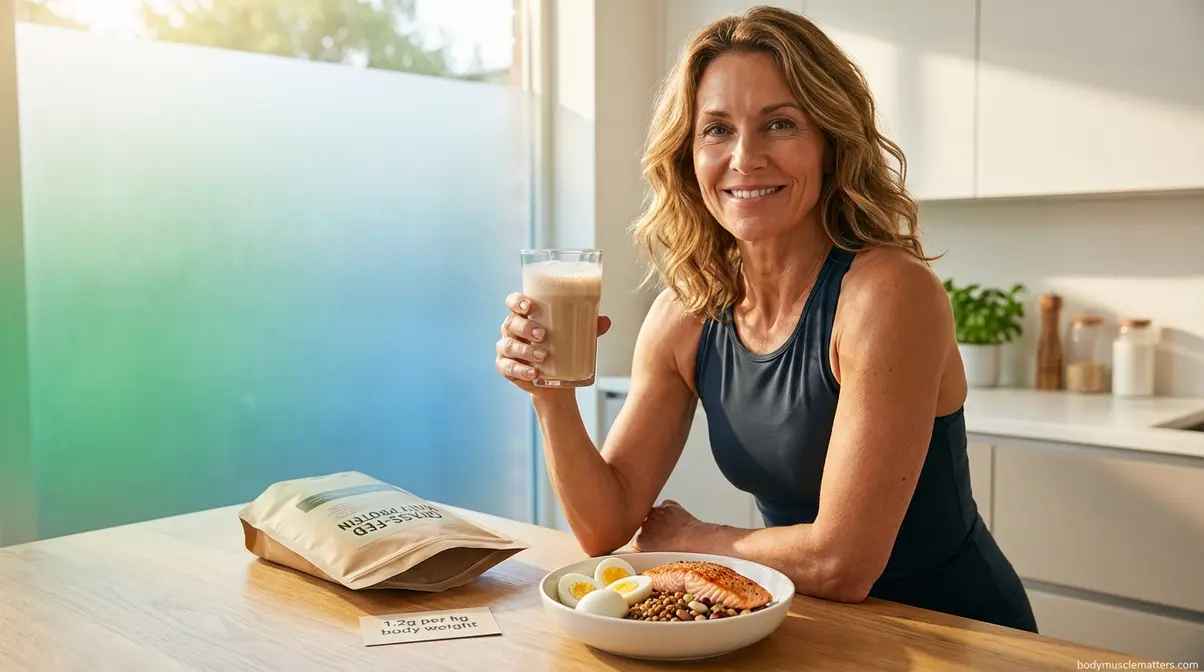 Woman in menopause holding grass-fed whey protein shake with whole foods in bright kitchen setting