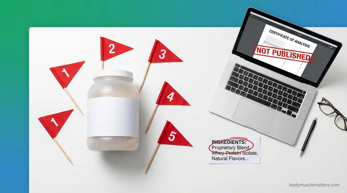 Five red warning flags around a protein powder tub showing common UK buyer mistakes including missing COA and proprietary blends
