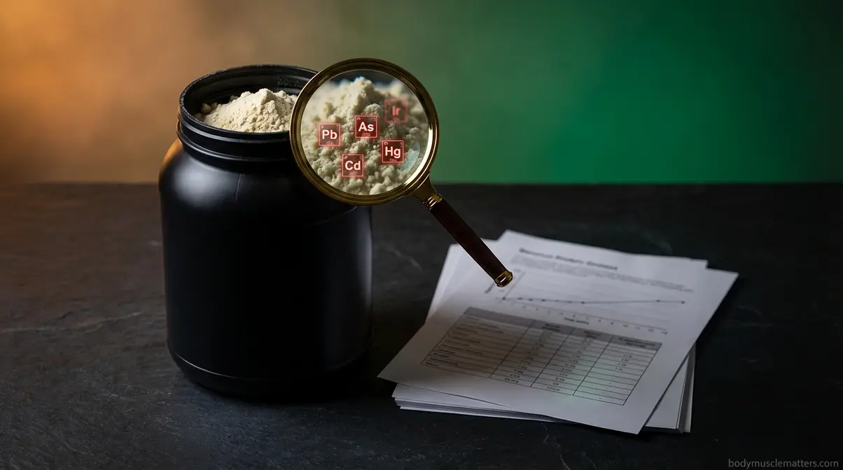 Protein powder tub with magnifying glass revealing heavy metal contamination symbols lead arsenic cadmium mercury