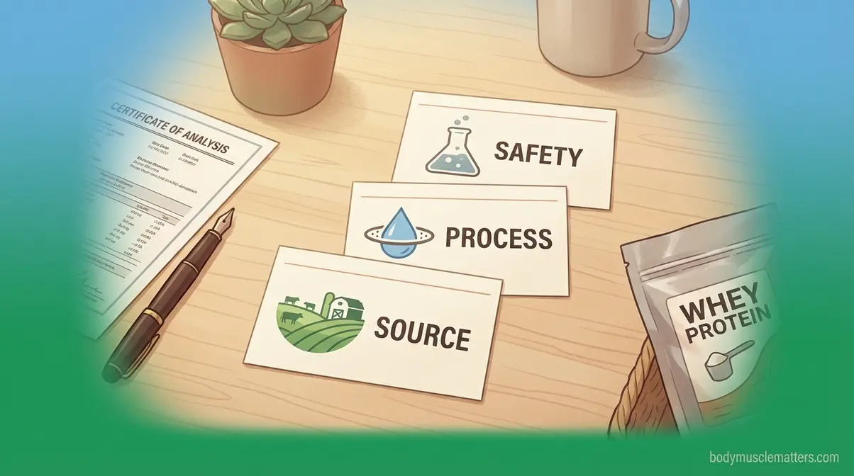 Dietitian desk with three-step Purity Pyramid framework cards for evaluating grass-fed whey protein brands