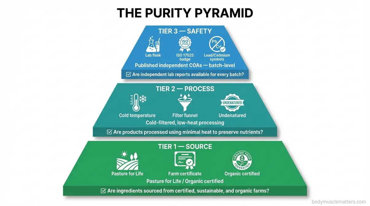 Three-tier Purity Pyramid infographic for evaluating best grass fed whey protein powder UK brands by source, process, safety