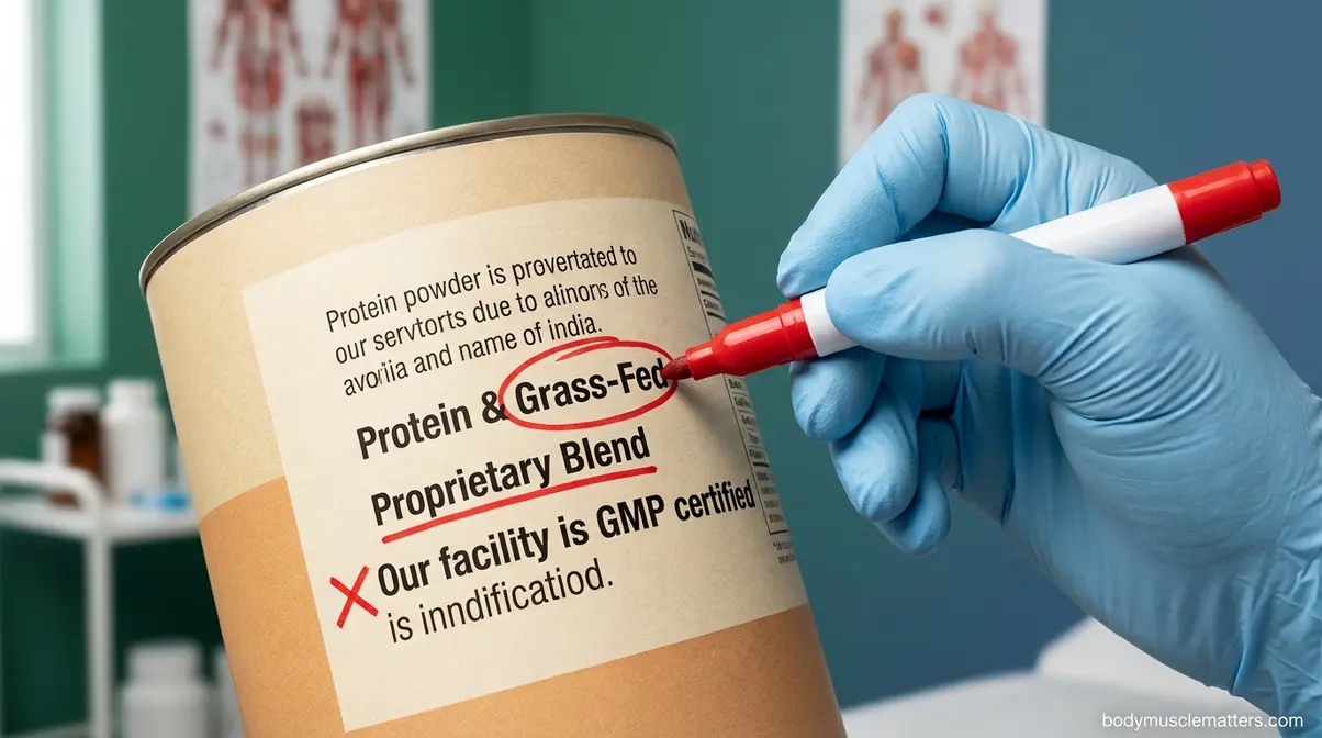 Dietitian marking red flags on grass-fed whey protein powder label showing uncertified claims and proprietary blends
