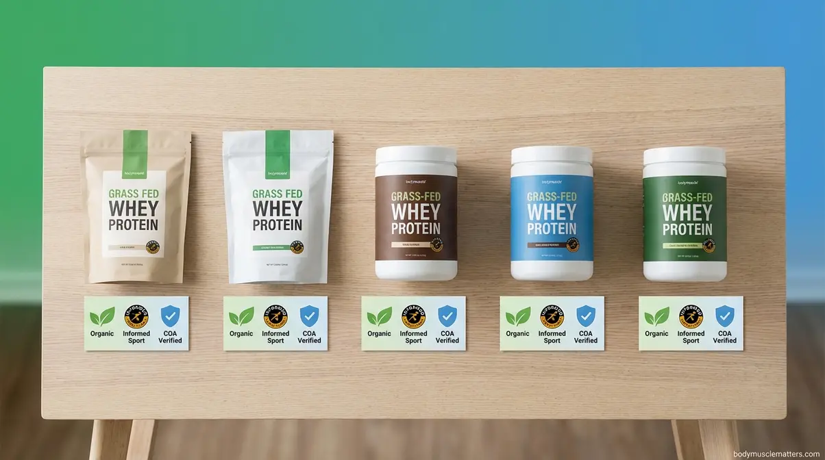 Five UK grass fed whey protein powder brands compared side by side with certification labels displayed