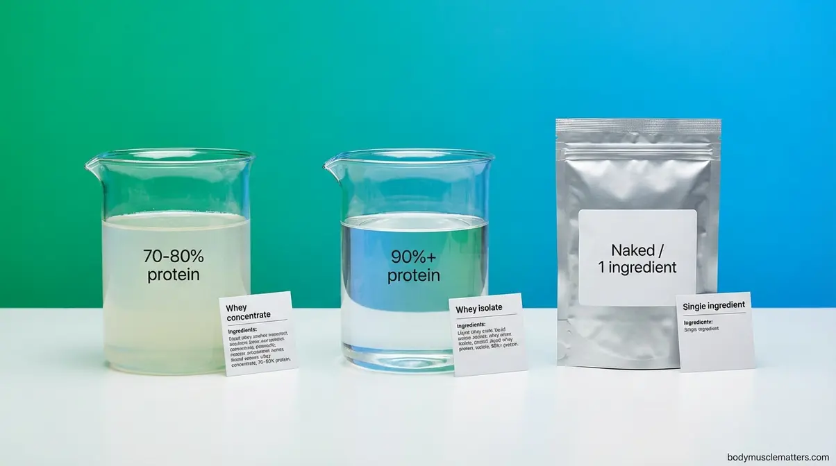 Three whey protein formats compared — whey concentrate, whey isolate, and single-ingredient naked whey in lab beakers