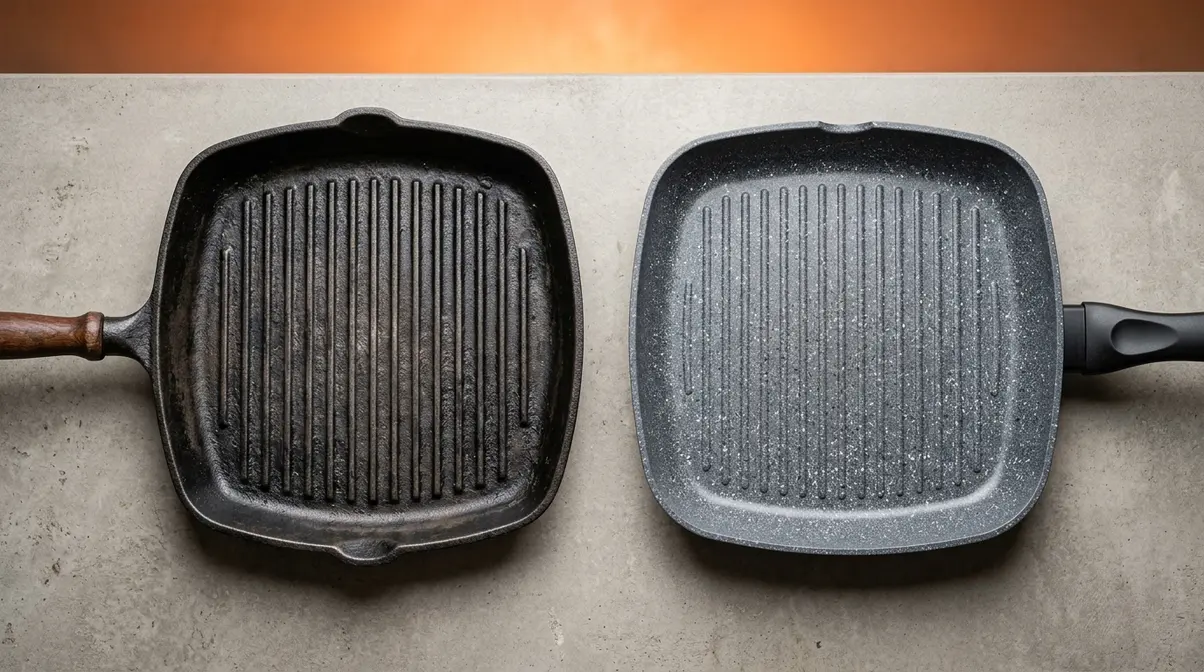 Cast iron grill pan compared to nonstick granite grill pan side by side on kitchen surface