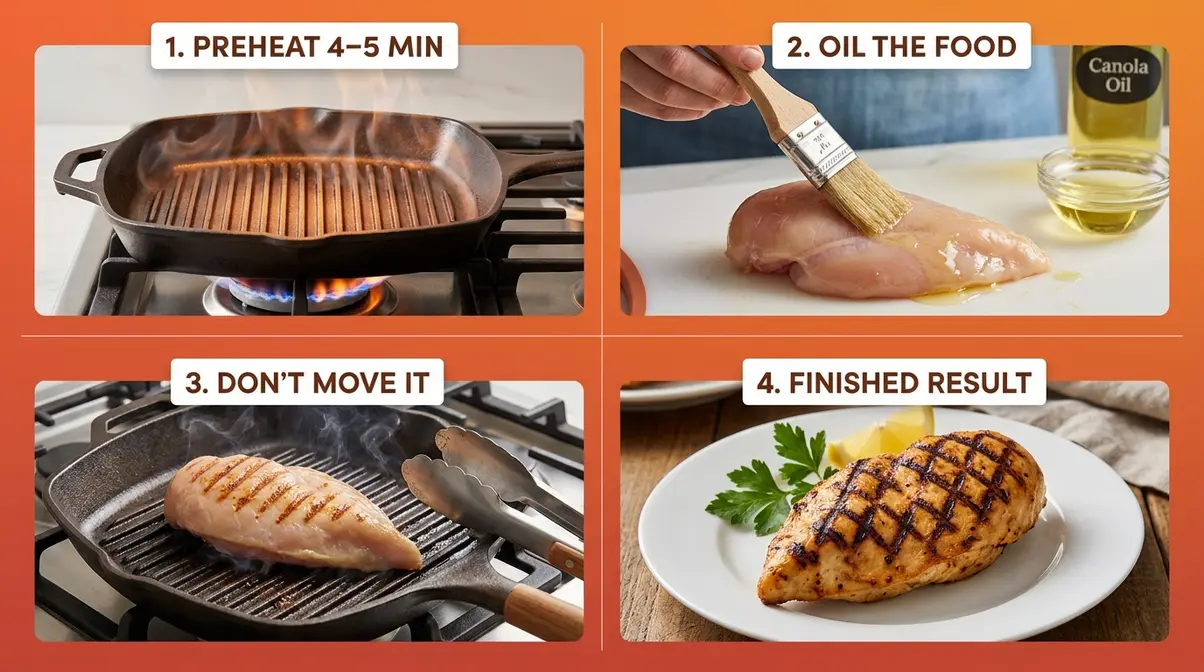 Four-step infographic showing preheating, oiling food, placing on ridges, and finished grill marks on indoor grill pan