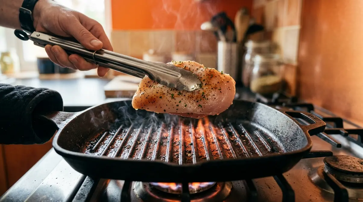 Placing chicken breast onto preheated cast iron grill pan ridges using tongs for indoor grilling