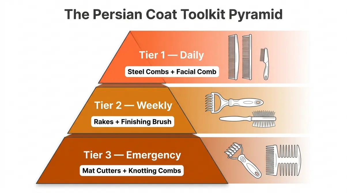 Three-tier pyramid diagram of Persian cat grooming tools by urgency: daily combs at top, weekly rakes in middle, emergency mat cutters at base