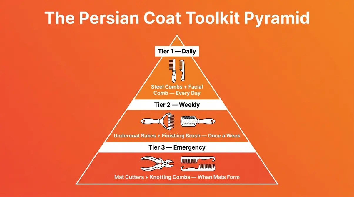 Persian cat grooming tools ranked by urgency: daily combs, weekly rakes, emergency mat cutters, and facial tools
