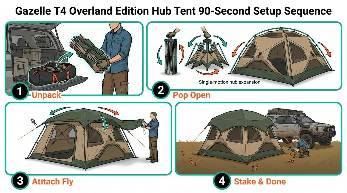 Gazelle T4 Overland Edition hub tent four-step setup sequence diagram for overlanding in 90 seconds