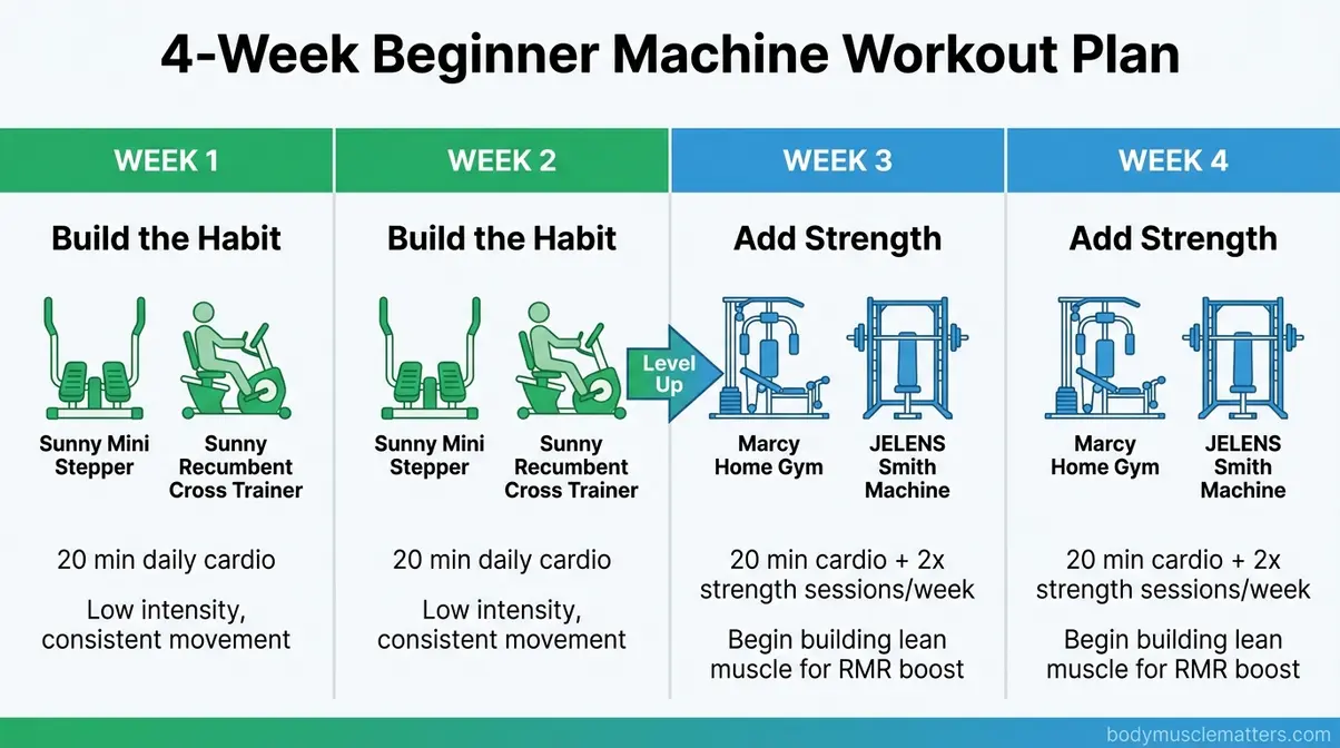 4-week beginner gym machine workout plan for weight loss showing week-by-week cardio and strength progression