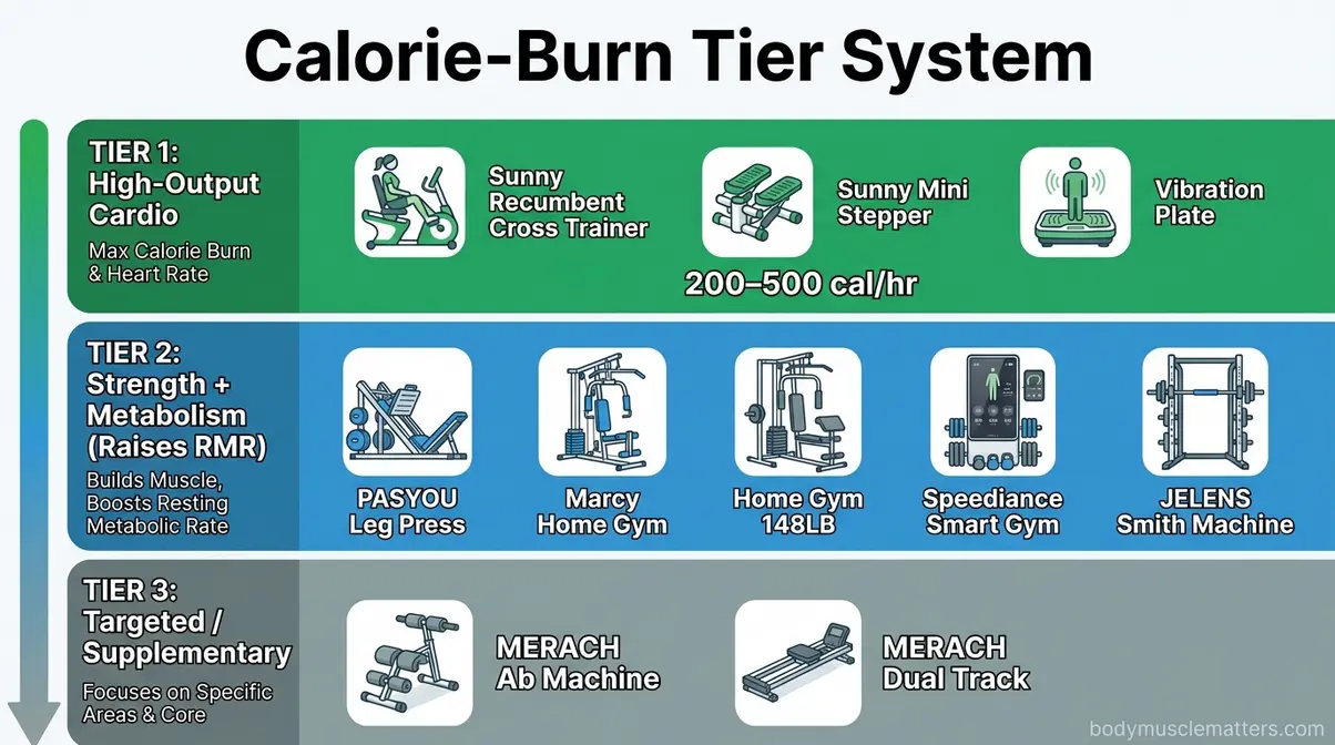Best gym machines for weight loss ranked by calorie burn per hour in three-tier comparison infographic