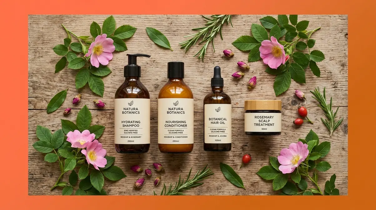 Clean and natural hair care brand products with botanical ingredients on a flat-lay surface