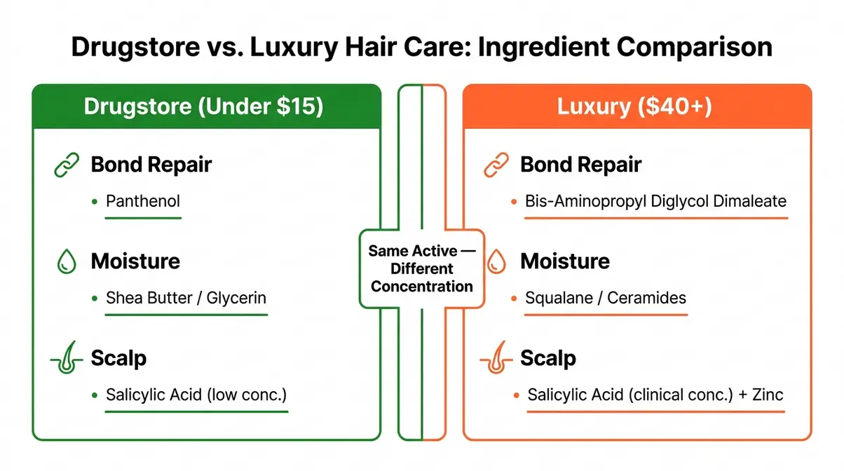 Drugstore versus luxury hair care ingredient comparison chart showing active ingredients by price tier