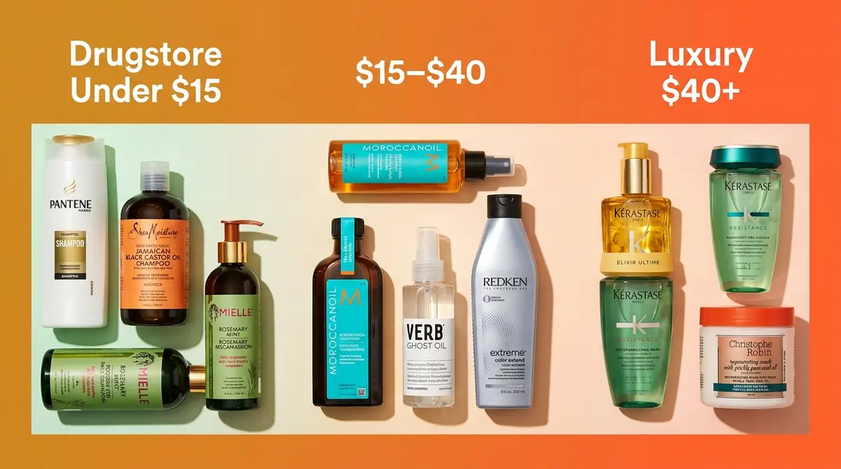 Hair care brands organized by budget tier from drugstore under $15 to luxury over $40