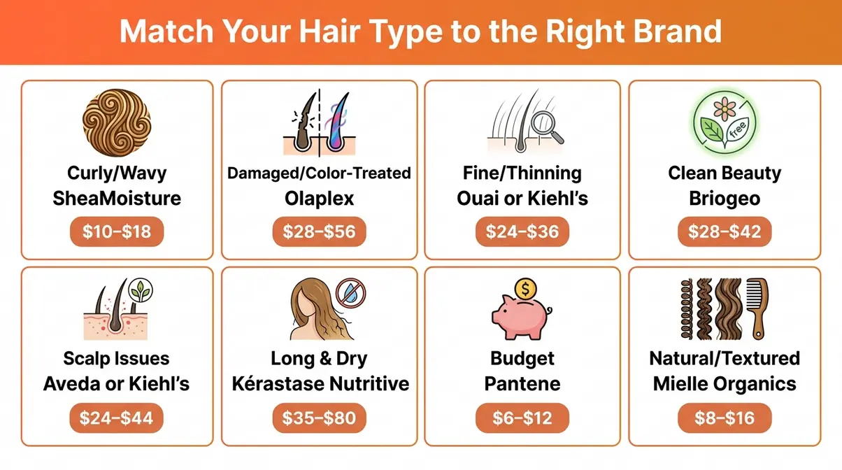 Hair type to brand matching chart for best hair care brands showing curly damaged fine and long hair recommendations