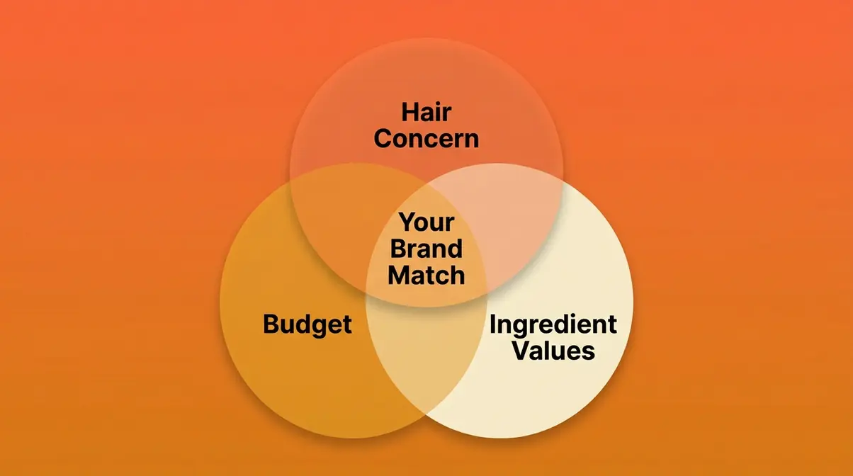 Hair care brand selection framework showing three decision axes hair concern budget and ingredient values