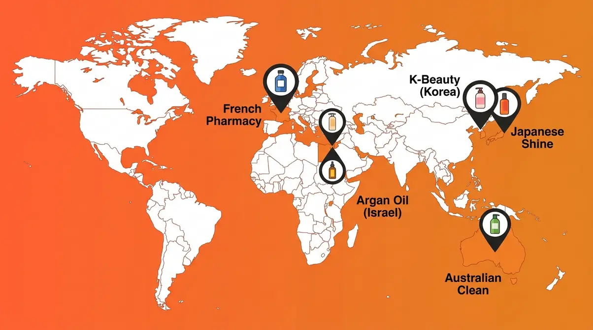 International hair care brands global map showing K-beauty Japanese French and Australian top picks