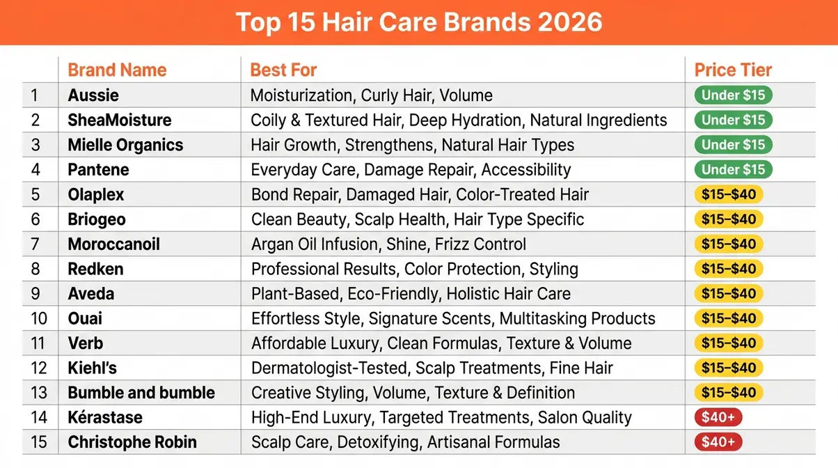 Best hair care brands 2026 ranked infographic showing price tier and hair concern by brand
