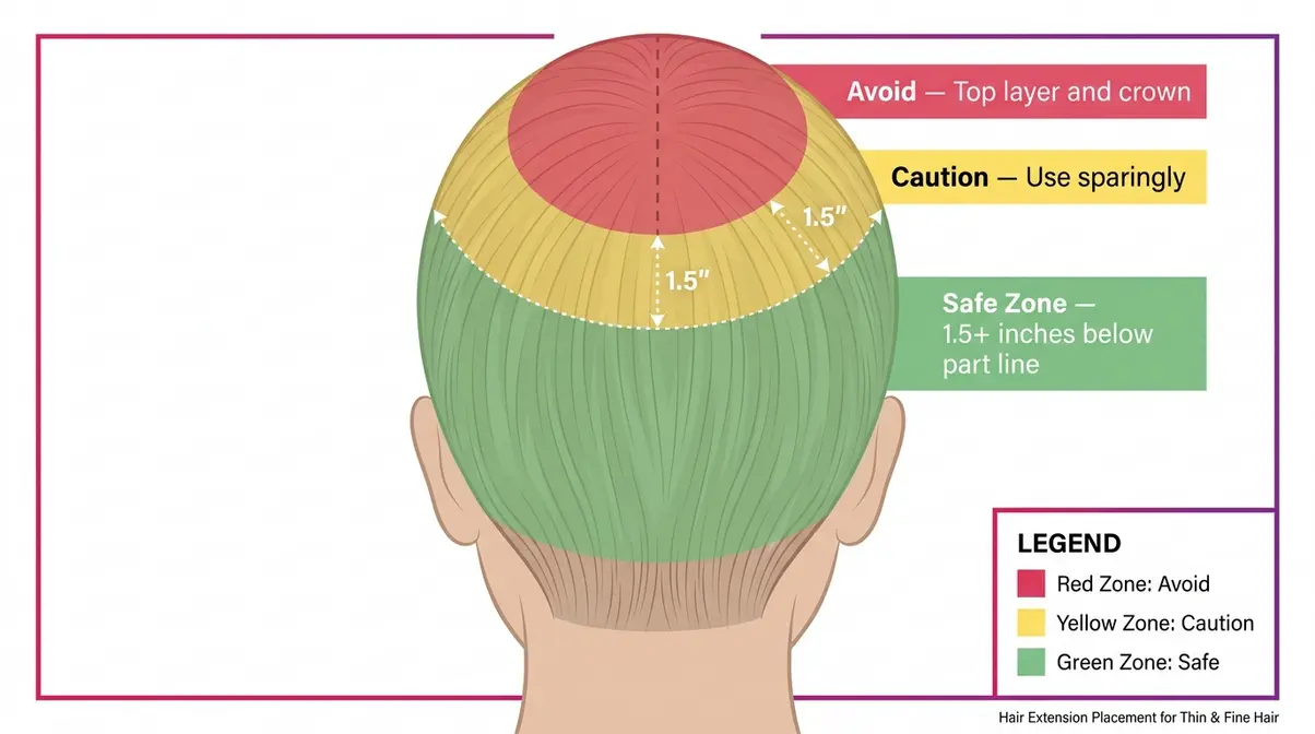 Hair extension placement diagram for thin fine hair showing safe and avoid zones