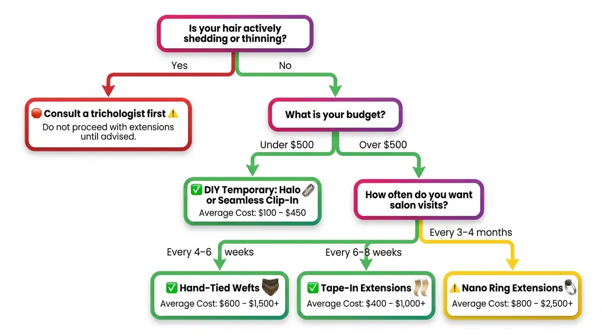 Decision flowchart for choosing temporary vs permanent hair extensions for thin hair