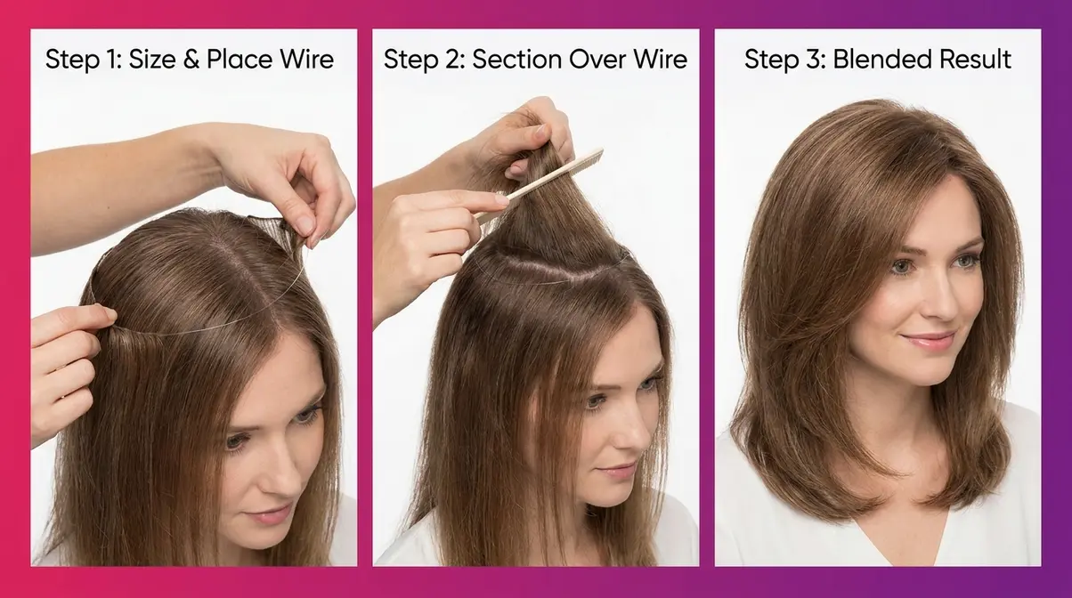 Halo extension application steps on thin fine hair showing wire placement and blending