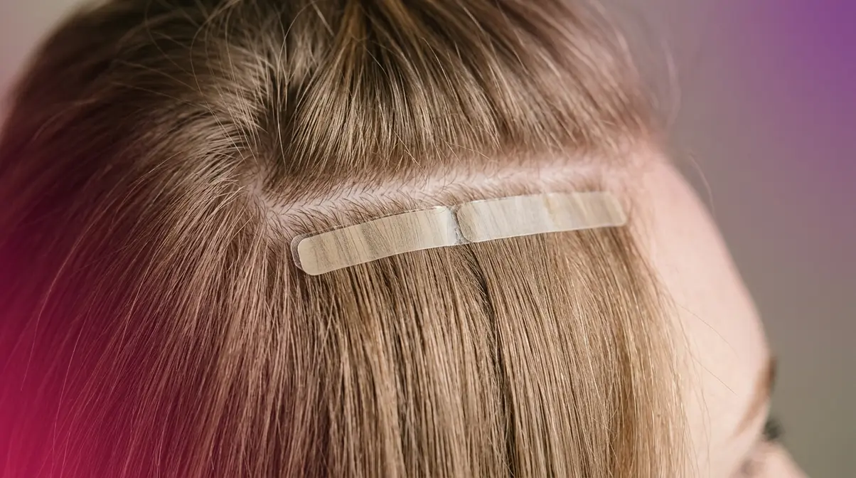 Tape-in hair extension flat profile on thin fine hair showing invisible attachment