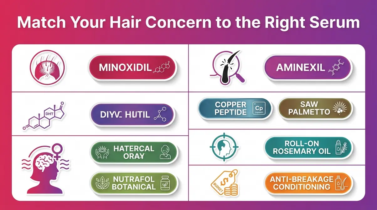 Infographic matching hair concerns like thinning, DHT, and breakage to the best active serum ingredients