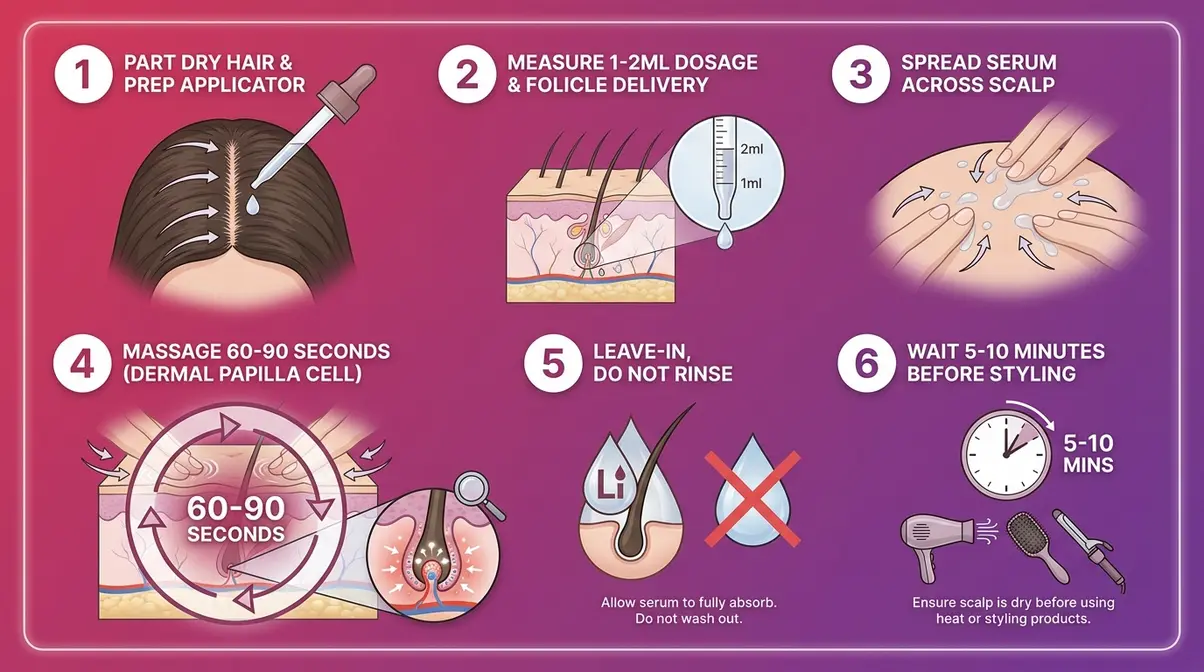 Step-by-step diagram for applying hair growth serum correctly including scalp massage technique for best absorption