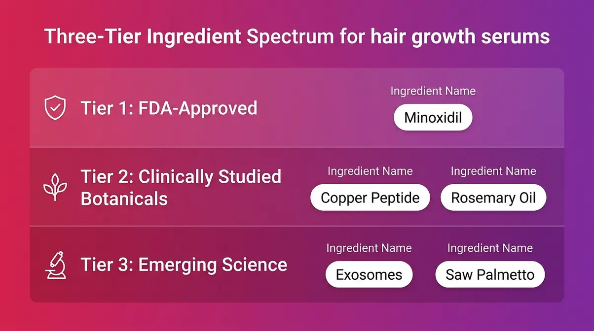 Hair growth serum ingredient spectrum showing three tiers from FDA-approved Minoxidil to emerging botanical science