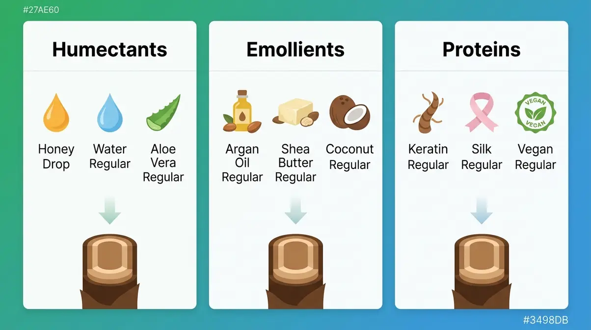 Hair mask buying guide showing humectants emollients and proteins for dry hair treatment