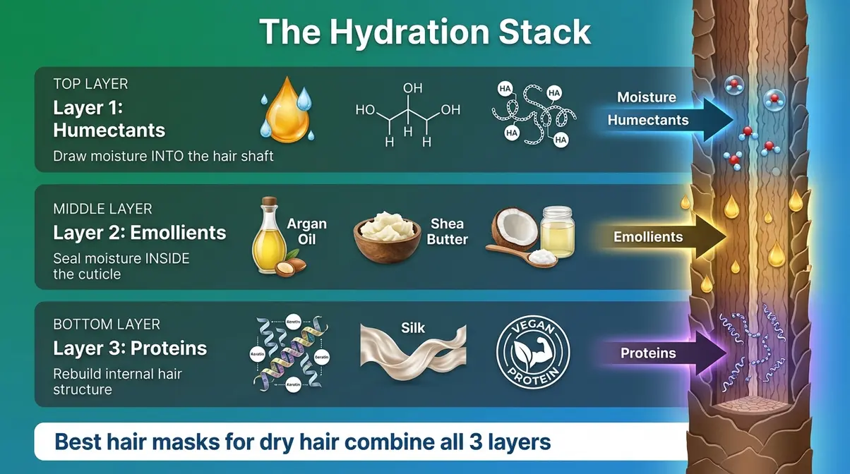 Best hair mask for dry hair hydration stack infographic showing humectants emollients and proteins in three layers