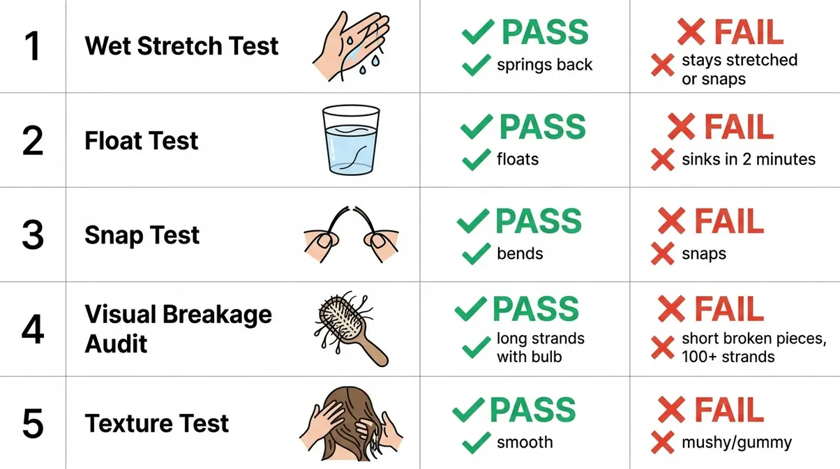 Five signs your hair needs protein treatment checklist showing pass and fail indicators for each diagnostic test