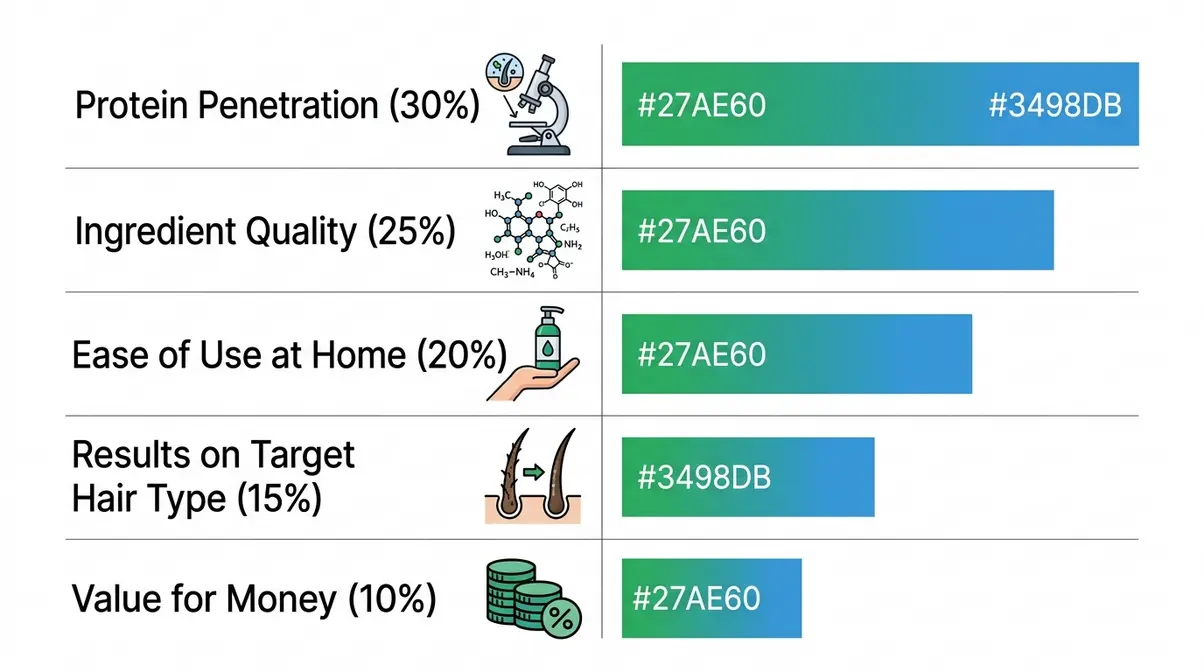 Five weighted evaluation criteria used to score hair protein treatments from penetration to value