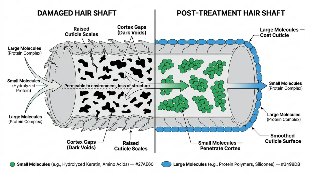 Diagram showing hydrolyzed protein molecules penetrating damaged hair shaft cuticle and filling cortex gaps
