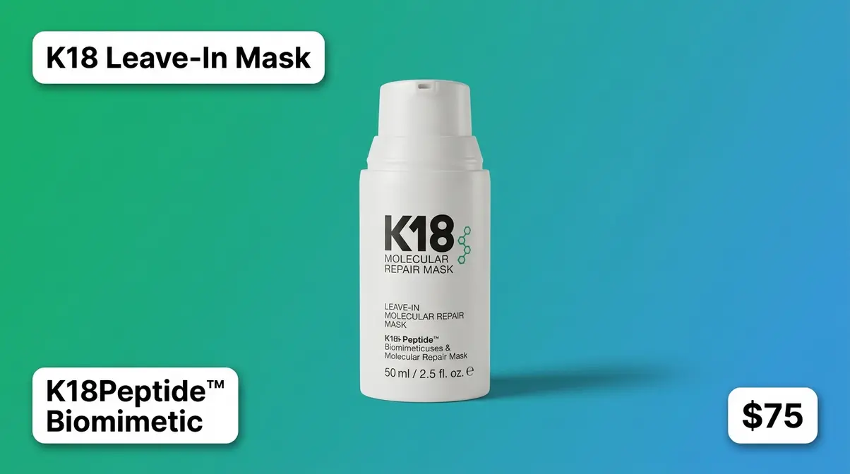 K18 Leave-In Molecular Repair Mask white pump bottle biomimetic peptide treatment at seventy-five dollars