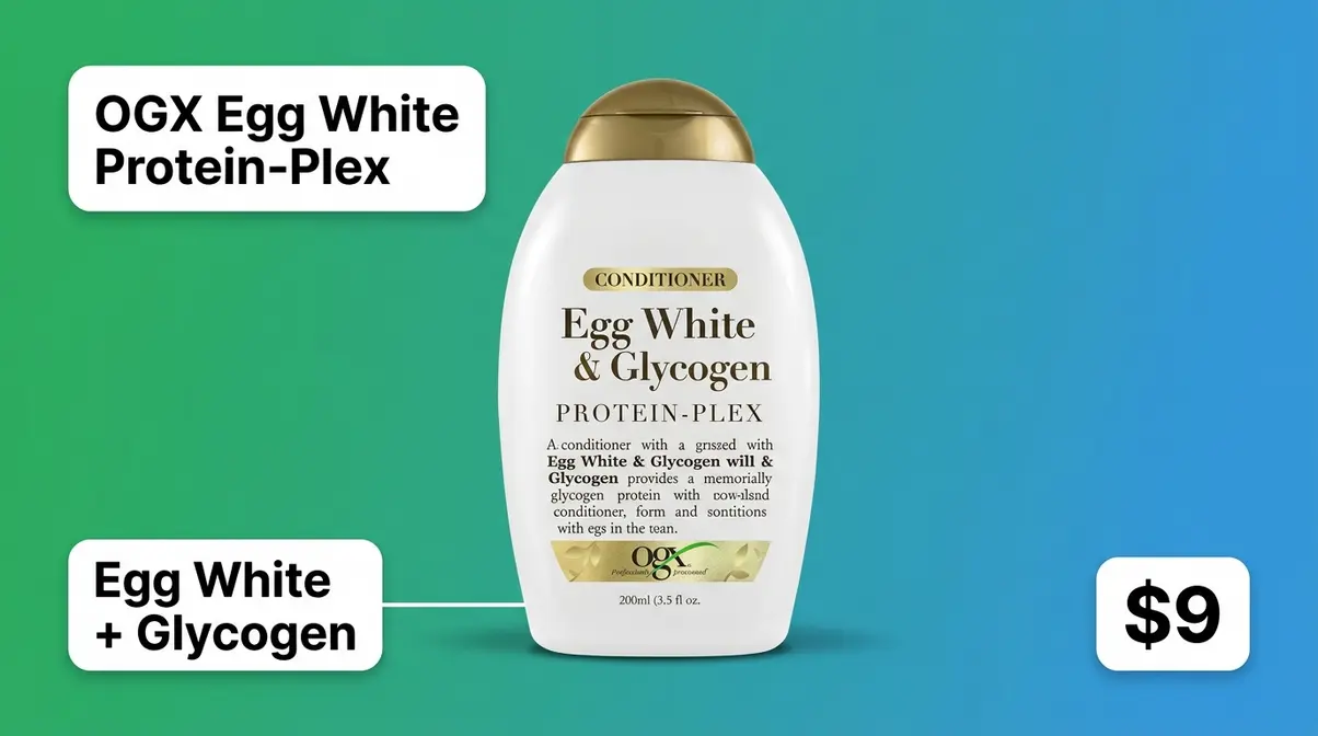 OGX Egg White and Glycogen Protein-Plex conditioner bottle budget protein treatment at nine dollars