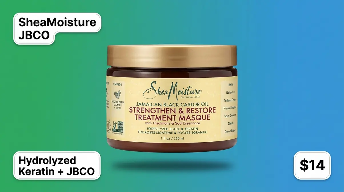 SheaMoisture JBCO Strengthen and Restore Mask jar for 4C and natural hair at fourteen dollars