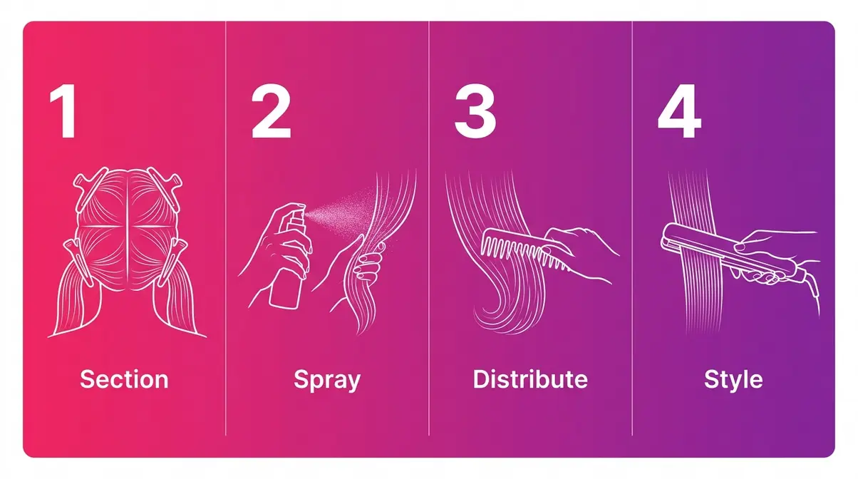 Step-by-step infographic showing four steps to apply heat protectant spray before flat ironing