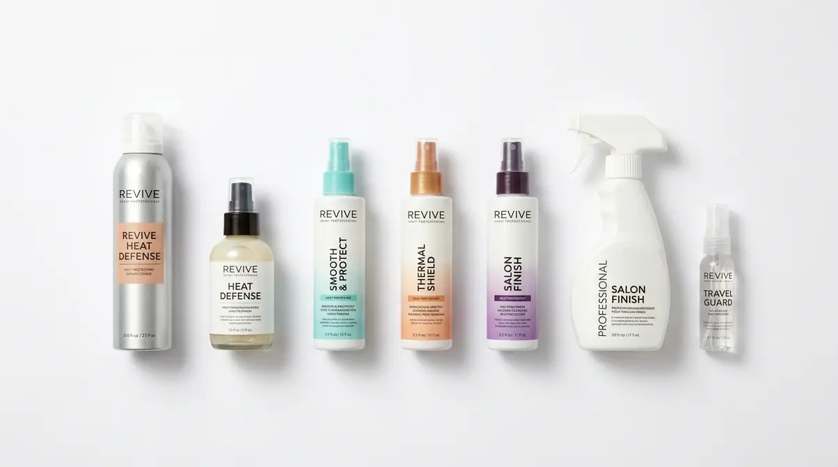 Seven best heat protectant sprays arranged side by side on white surface for comparison
