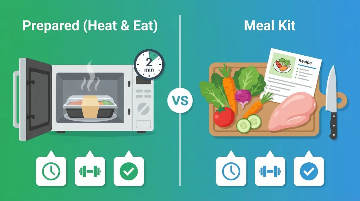 Side-by-side comparison of prepared heat-and-eat meal delivery versus meal kit cooking options