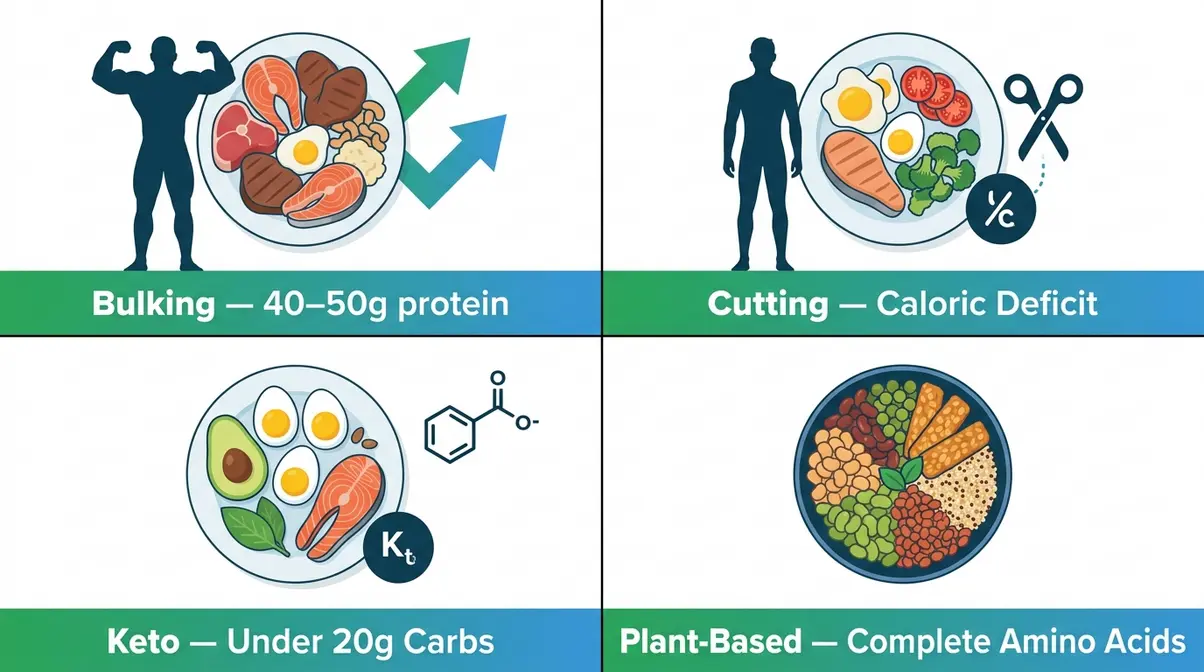 Four specialized high protein meal plan types: bulking, cutting, keto, and plant-based options illustrated